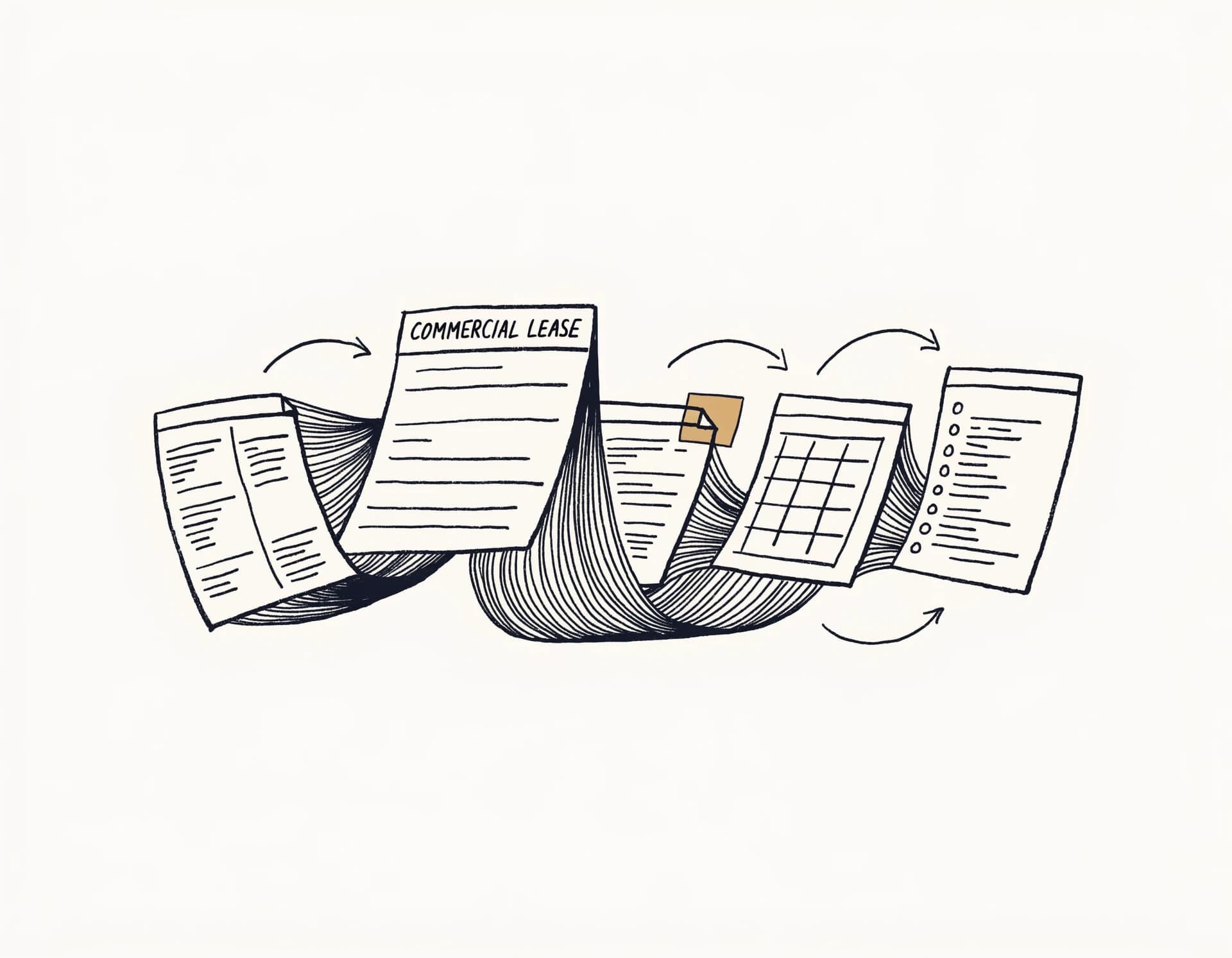 Hairline editorial illustration of one source lease document fanning into three destination documents with distinct format patterns, connected by thin arrows.