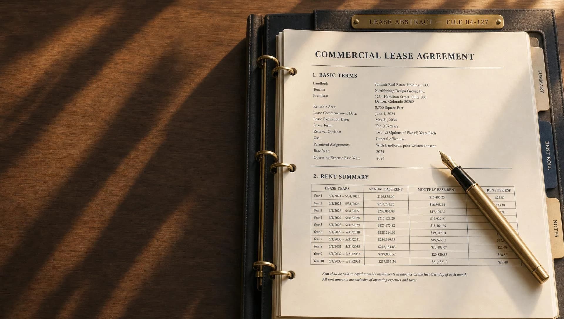 Commercial lease binder opened to a typeset lease agreement with a brass nameplate and pen on a walnut desk.